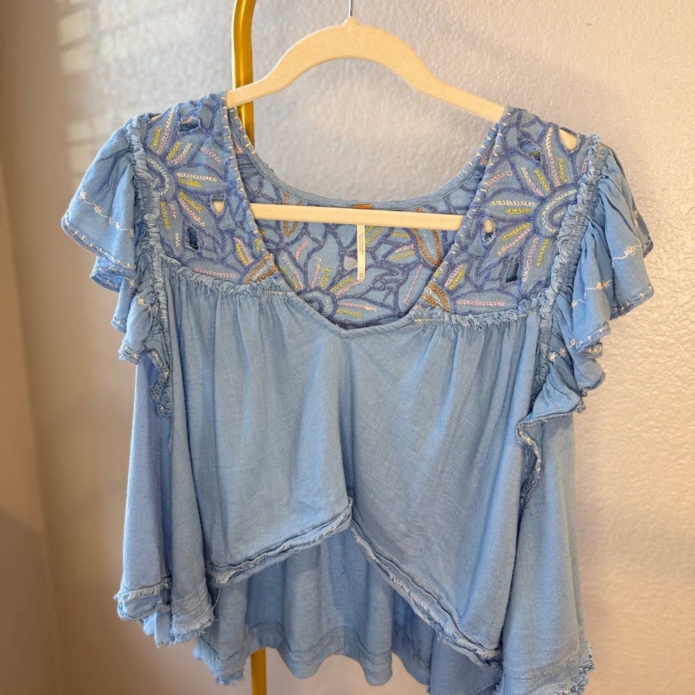 Free People Hailey Light Blue Embroidered Flutter Sleeve Tank